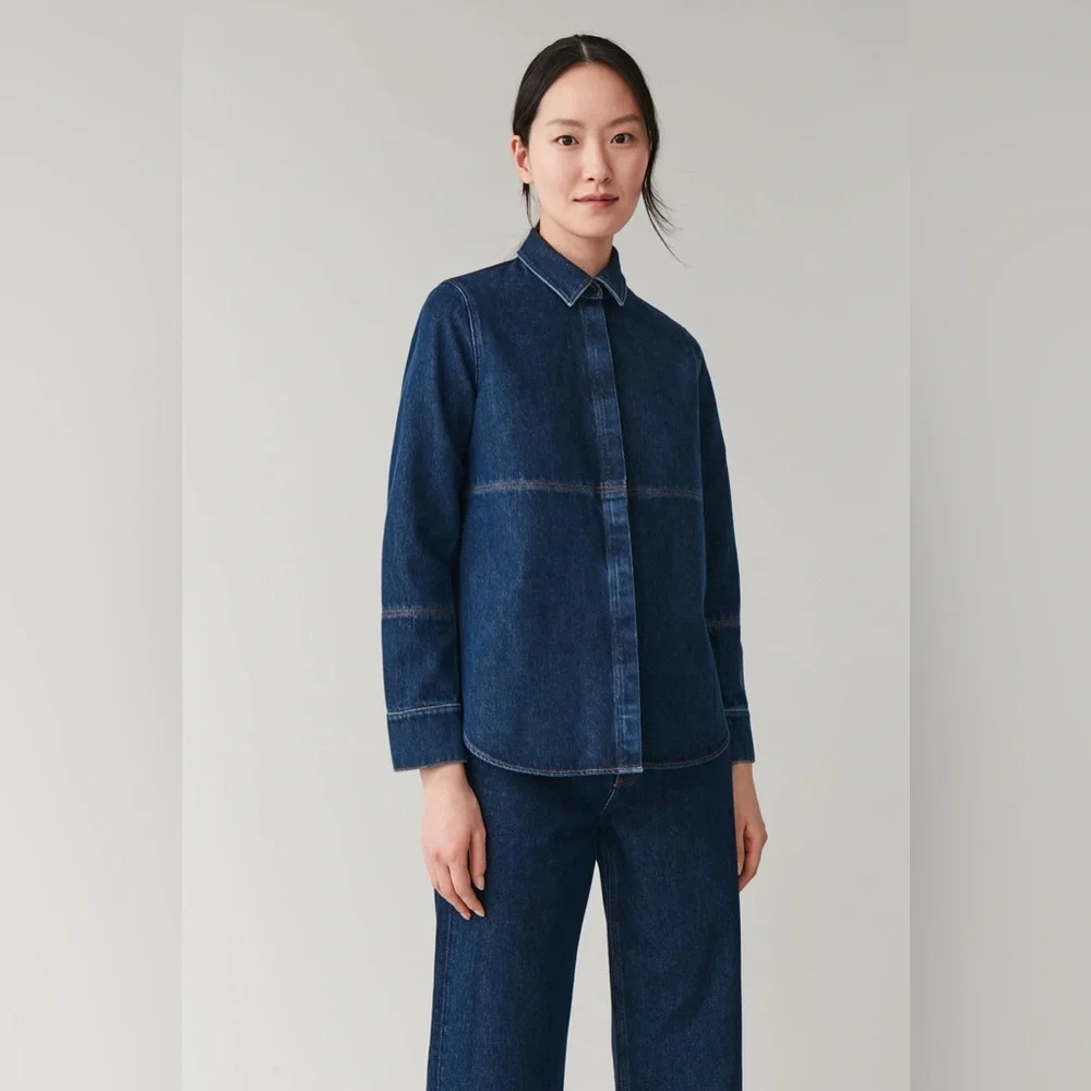 COS dark Denim Jean Shirt jacket Shacket size 4 dark blue minimalist classic - Picture 2 of 9